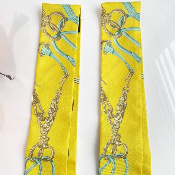 HERMES SILK YELLOW BEIGE BROWN BLUE Bandeau TWILLY WRAP SET OF 2 - Picture 8 of 16